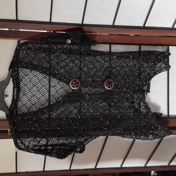 Ultimate Sheer Black Net Women's Short Sleeve Overlay Top Large - Picture 4 of 5